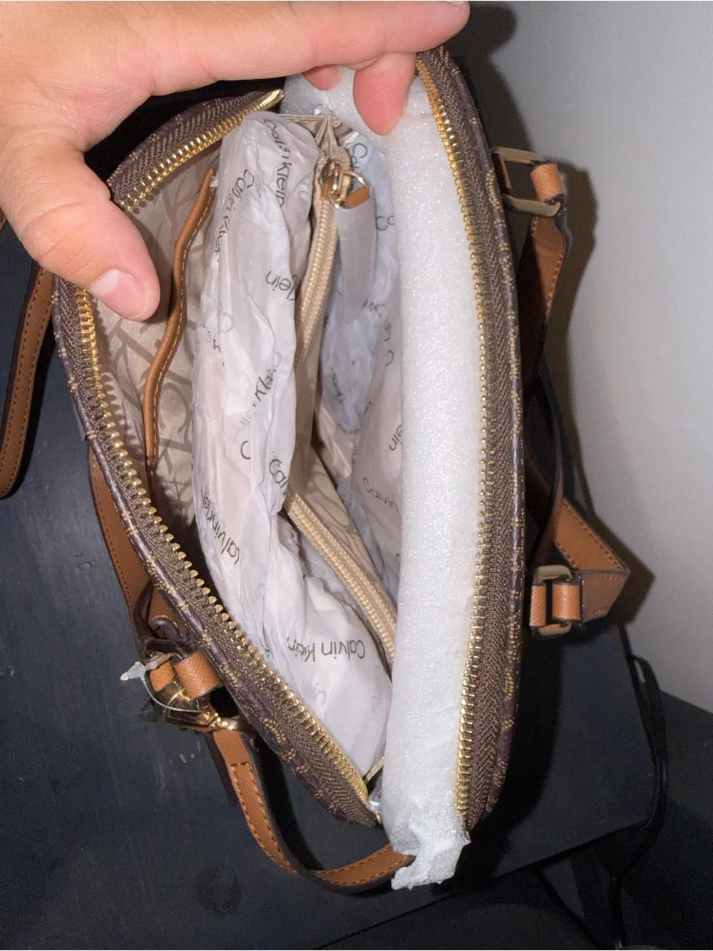 Calvin Klein Brown Logo Satchel with Tan Accents